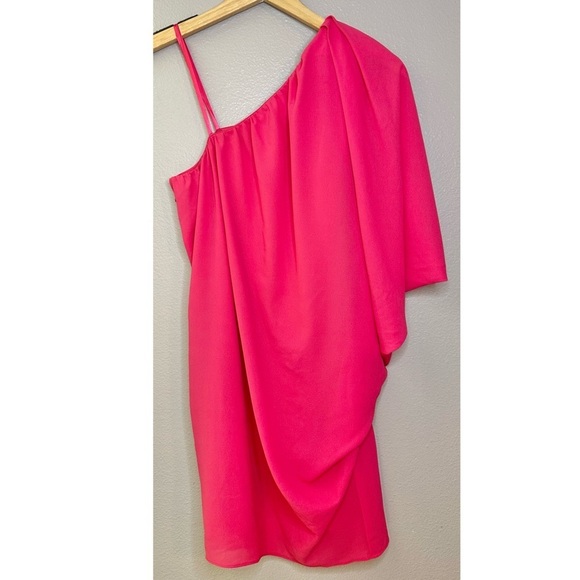 NWT Aidan Mattox One Shoulder Draped Flowy Lip Pink Mini Dress Party Bright Bold - Picture 4 of 9